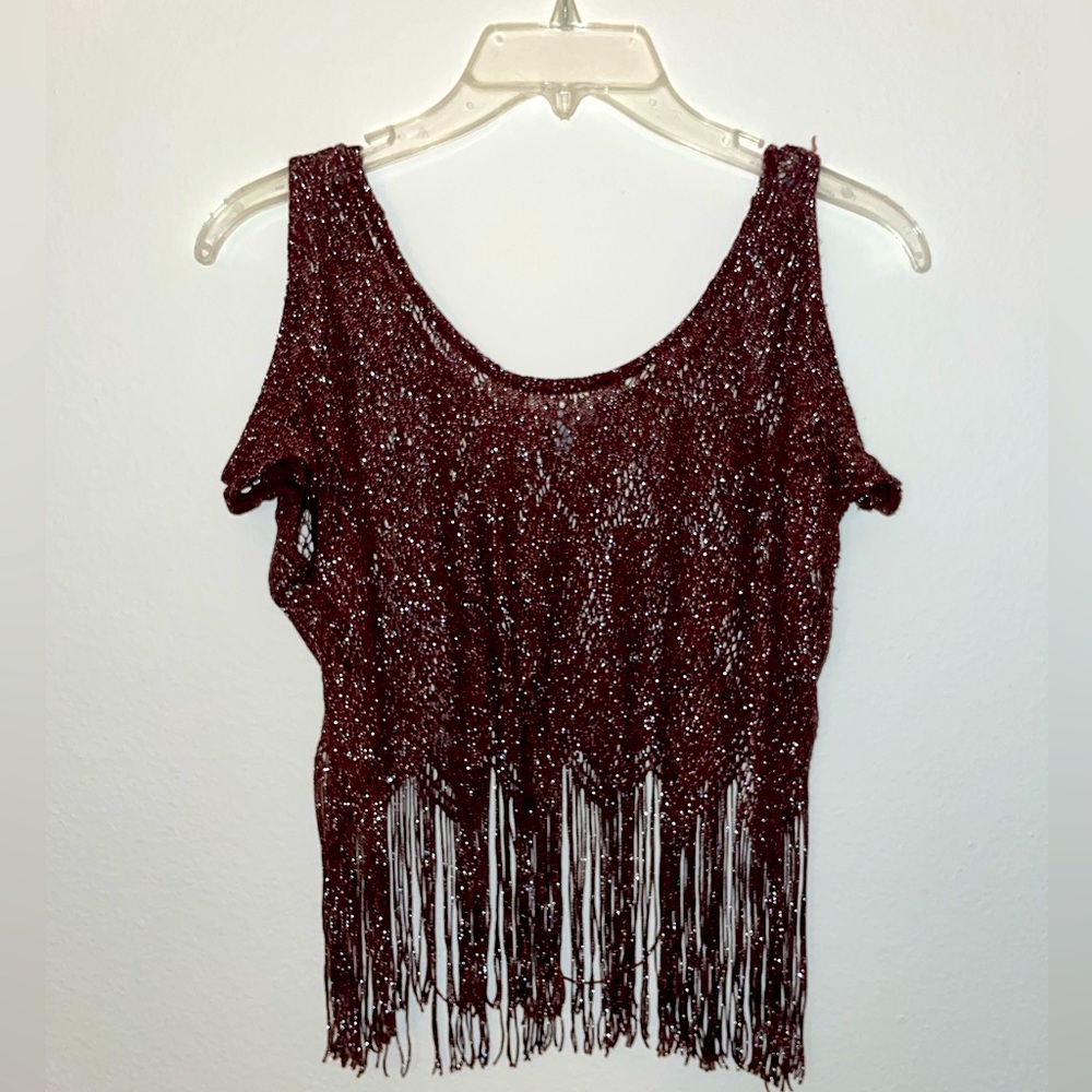 Fringe cold shoulder sparkly festival top